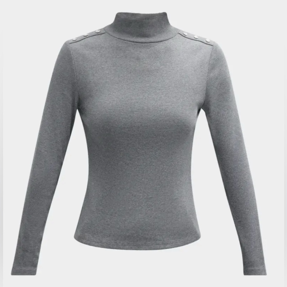 Veronica Beard Nate Shoulder Button Mock Neck Rib Top Large‎